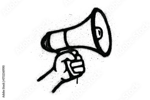 Graffiti megaphone in hand. Sprayed street art stencil of arm holding loudspeaker. Protest, revolution, announcement, voice and rally concept. Textured vector illustration.