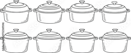 Cooking, pot, icon, vector, set, black, kitchen, cookware, lid, handle, silhouette, graphic, utensil, food, boil, steam, illustration, design, equipment, container