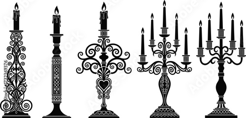 Candle, holder, silhouette, ornate, vector, icon, set, black, vintage, antique, candelabra, flame, light, decor, illustration, graphic, elegant, classic, interior, design