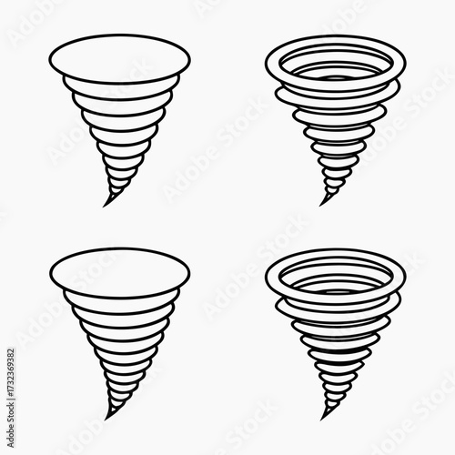 Four stylized tornado illustrations in black and white