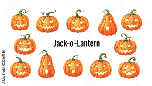 Halloween's Glowing Lanterns: A festive collection of carved jack-o'-lanterns, each with a unique, glowing face, embodying the spooky spirit of Halloween in a vibrant and colorful composition. 