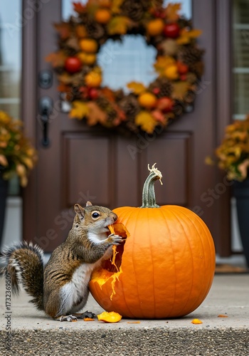 Cute squirrel feasts on pumpkin on fall porch with autumn wreath