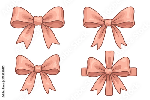 Set of pink romantic satin bows. Vintage silk ribbon knots for gifts and present wrapping. Isolated vector design elements pack for Valentine's day or wedding celebration.