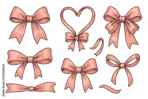 Pink romantic bows set. Vintage hand-drawn satin and silk bows for gifts. Present knots, wrapping decoration pack. Heart shaped ribbon for Valentine's Day celebration.