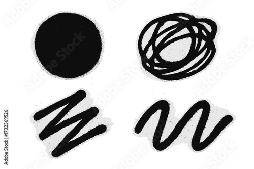 Set of spray textured graffiti shapes. Hand drawn abstract punk doodle collection. Creative bold vector elements. Circle, scribble, squiggle and zigzag lines with grunge texture.