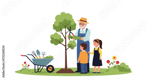 A charming illustration of a grandfather teaching his grandchildren about gardening and tree pruning