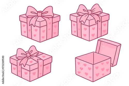 Pink romantic gift box set with hearts and satin bows. Closed and open present boxes for Valentine's day, birthday, or anniversary. Y2k girly cartoon vector graphic.