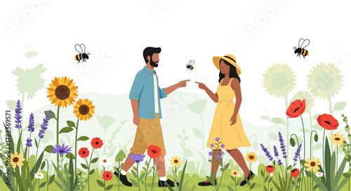 A Couple's playful encounter with nature amidst vibrant flowers and buzzing bees creating a