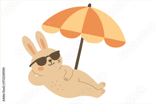 Rabbit sunbathing in sunglasses under umbrella. Cute animal character. Summer vacation concept. Holiday relaxation. Chilling bunny. Funny pet. Flat vector cartoon illustration.