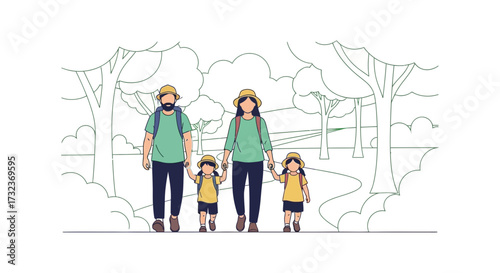 A family outing: An illustration of a family of four enjoying a walk in the woods