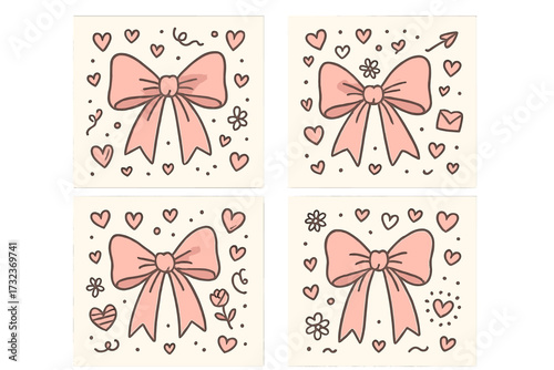 Set of coquettish girly greeting cards with pink ribbon bows. Hand-drawn doodle elements with hearts and flowers for a romantic, feminine Valentine's Day poster. Vintage coquette aesthetic.