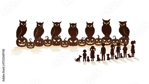 Halloween Gathering: Silhouette art of an owl-adorned Halloween display featuring carved pumpkins, adorable children, and friendly pets creating a harmonious community celebration.