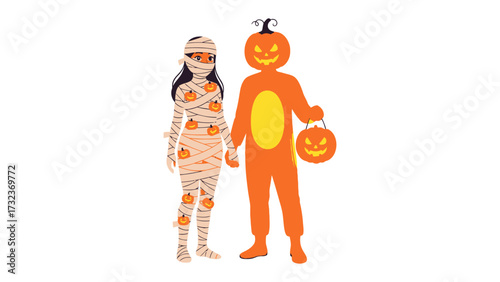 Halloween Costume Fun: Two individuals dressed in Halloween costumes, one as a mummy and the other as a pumpkin, stand side by side.
