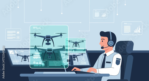 A security man monitoring drones on computer screens in a surveillance control room setting,