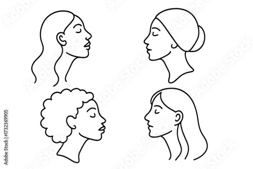International Women's Day concept with diverse female profiles. Line art portraits of different women. Sisterhood, feminism, and empowerment community. Hand drawn vector doodle.