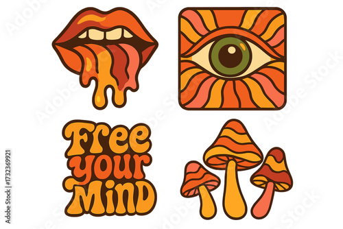 Set of groovy 70s psychedelic stickers. Retro hippie illustration pack with melting mouth, trippy eye, magic mushrooms and Free Your Mind lettering. Funky vintage vector elements.