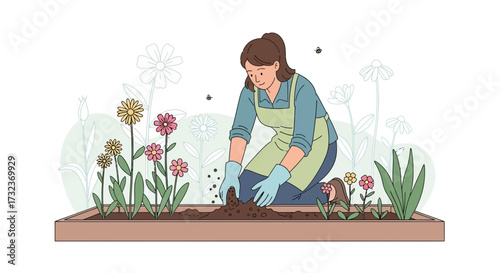 A woman gardening, planting flowers in a raised bed with beautiful blooms illustration style,