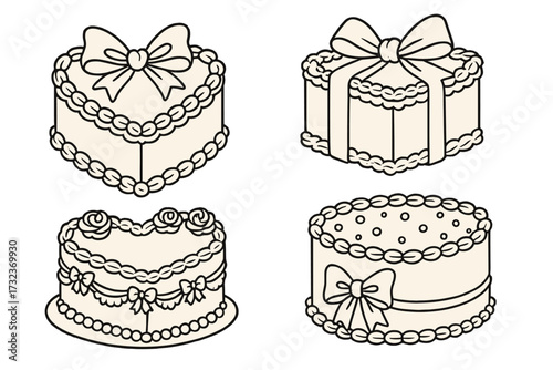 Coquette cake set vector clipart. Vintage line art collection of retro cakes with cream decor. Heart shape pastry with bows, pearls, roses for valentines, wedding or birthday.