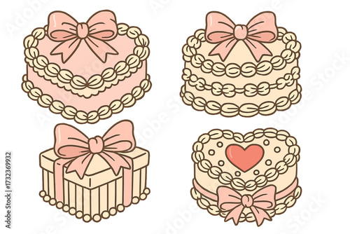 Coquette cakes set. Vintage heart cake with bow and cream. Girly pastry illustration. Romantic dessert for birthday, valentine's. Coquettish clipart collection with ribbon.