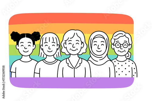 International Women's Day concept. Group of diverse women of different ages and races. Female empowerment, sisterhood, and feminism. Vector illustration for March 8 celebration.