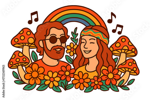 Retro 70s psychedelic print with groovy hippie couple. Man and woman characters with flowers, magic mushrooms, music and rainbow. Hippy subculture vector illustration.