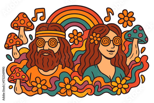 Retro 70s psychedelic print with a groovy hippie couple. Cartoon vector with magic mushrooms, rainbow, flowers, music notes. Trippy peace and love concept for festival design.