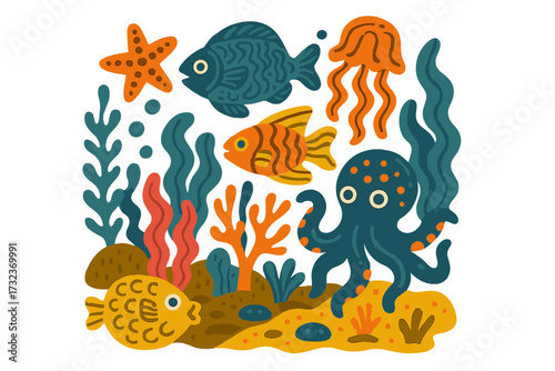 Sea bottom composition with creature animals. Underwater marine life. Flat groovy graphic design. Vector cartoon illustration of octopus, jellyfish, fish and starfish.