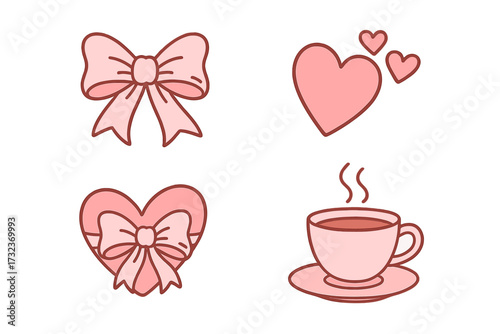 Valentine's Day icon set with cute coquette aesthetic elements. Lovely romantic collection with pink heart, ribbon bow, gift, and coffee cup. Girly y2k vector illustration.