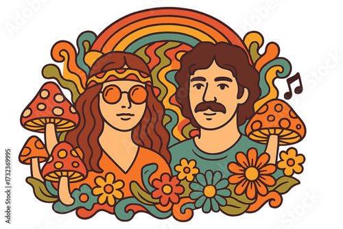 Retro 70s psychedelic print. Groovy hippie couple vector illustration. Trippy man and woman characters for t-shirt or sticker. Design with mushrooms, music notes, flowers, and rainbow.