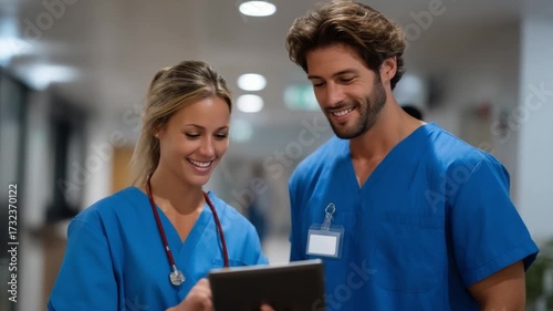 Healthcare professionals collaborate hospital digital interaction indoor engaging atmosphere