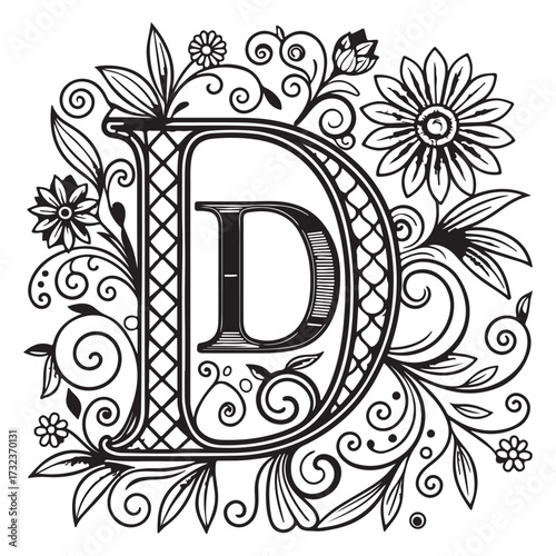 Ornate letter d entwined with blooming flowers and swirling vines, isolated on white background, creating a vintage monogram design