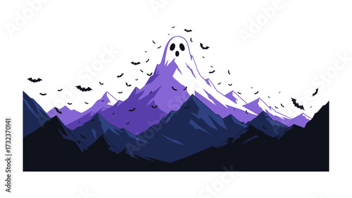 Mystic Peak of Halloween: A majestic peak takes the shape of a ghostly figure, surrounded by silhouette of bats in a mesmerizing Halloween illustration.