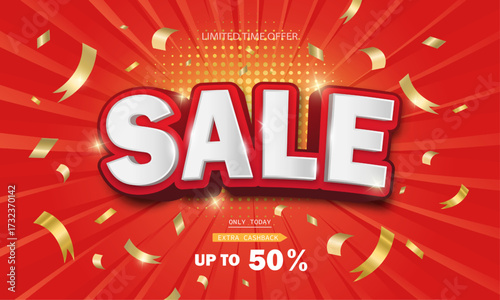 The sale banner. Text Sale with 3d effect on a background with red radial rays. The design of the advertising banner. Vector EPS 10.