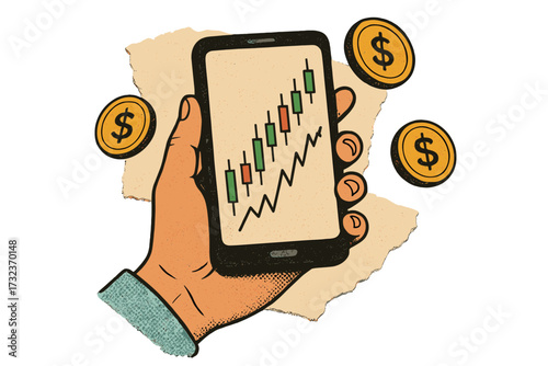 Stock market investing concept. Hand holding phone with candlestick chart showing growth. Financial planning, mobile trading app. Earn money, profit, and savings. Collage art.