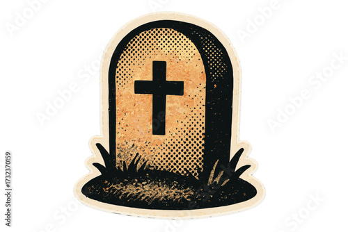 Tombstone halftone vector illustration. Spooky Halloween grave sticker with a cross. Vintage retro headstone in 90s zine paper collage style. Death memorial cemetery icon.