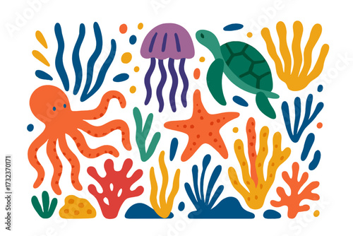 Underwater sea world abstract art. Ocean coral reef, marine life illustration with octopus, jellyfish, turtle, starfish. Naive hand drawn vector set. Childish paper cutout style.