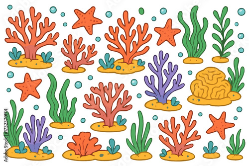 Cute cartoon coral reef vector set. Hand-drawn underwater sea life collection. Doodle illustration with starfish, seaweed, and marine plants. Aquatic ocean elements for kids.