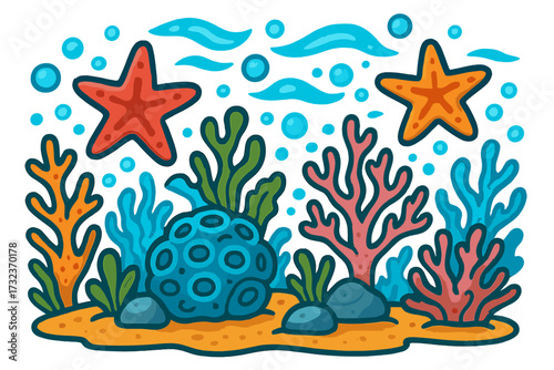 Colorful underwater reef scene with starfish and corals. Cartoon vector illustration of marine life. Aquatic sea background design with seaweed, bubbles, and seabed elements.