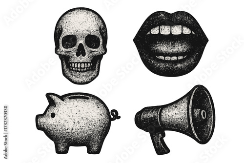 Vintage dotted texture effect set of retro skull, open mouth, piggy bank, and loudspeaker with grunge messy texture, trendy Y2K aesthetic vector illustration, distressed design elements