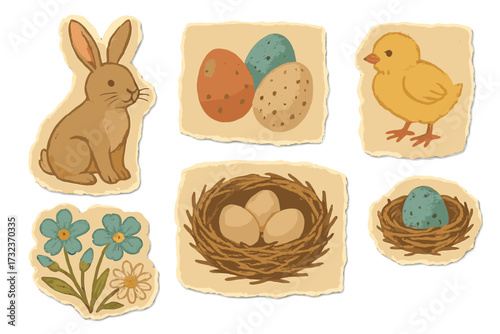 Vintage paper collage of traditional Easter elements with April holiday bunny, colorful eggs, yellow chick, spring flowers, bird nests, retro torn paper stickers vector set