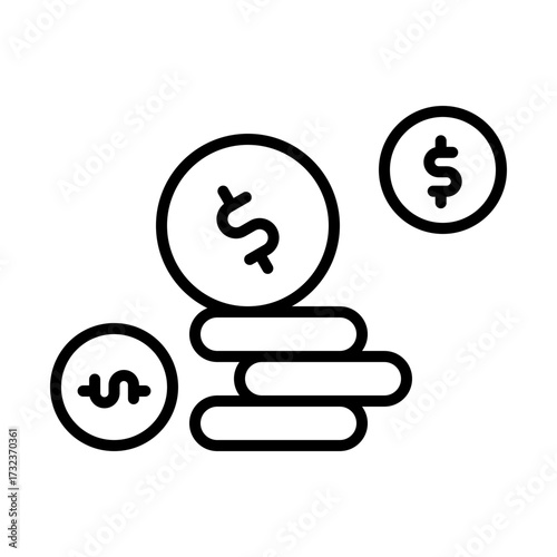 Simple black and white illustration of dollar coins stacked and floating, representing finance