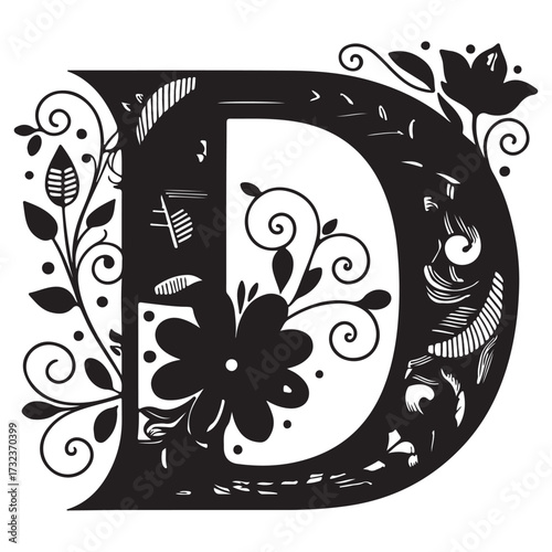 Bold letter d decorated with stylized flowers and swirling patterns, isolated on white background, forming a unique monogram design