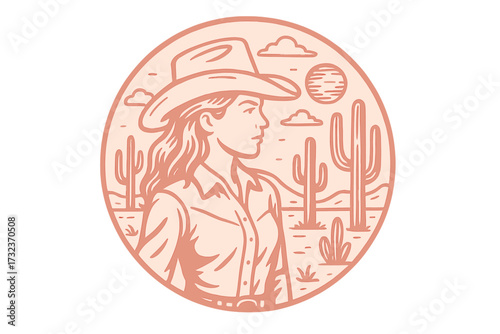 Vintage cowgirl emblem with desert cactus landscape, cowboy hat, wild west retro design, round badge illustration, pink tone, western country style, motivational "Let's Go Girl" text