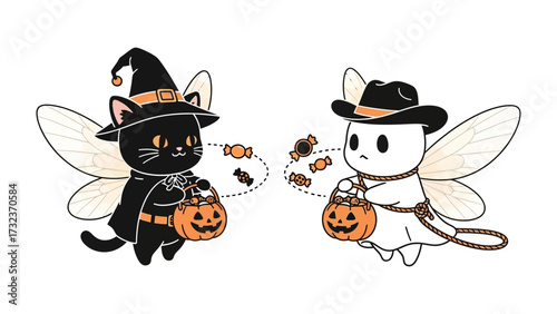 Halloween Fairy Delight: Two enchanting Halloween fairies, one feline and one ghostly, exchange treats amidst a festive atmosphere, capturing the spirit of playful celebration.