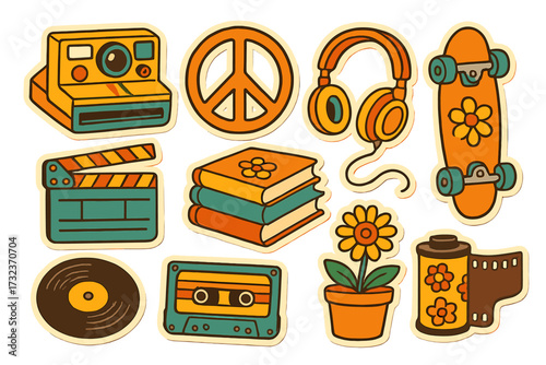 Groovy retro sticker set. Collection of 70s 80s nostalgia icons. Hippie hobby elements. Vintage cinema, music, books, skate, photo. Cute cartoon vector illustration pack.