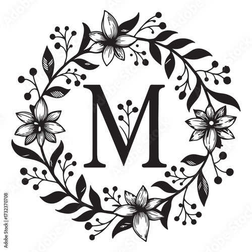 Elegant letter m encircled by a wreath of flowers and leaves, isolated on white background, creating a monogram design