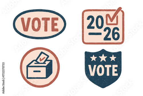 Vote 2026 vector icon set. Hand-drawn retro grunge badges for political election campaign. American democracy sticker collection with ballot box and patriotic symbols.