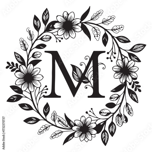 Letter m surrounded by a floral wreath with daisies, isolated on white background, creating a beautiful monogram design
