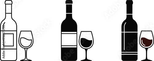 Wine, bottle, glass, icon, silhouette, vector, set, black, red, drink, alcohol, beverage, minimalist, outline, filled, graphic, bar, restaurant, celebration, illustration