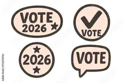 Vote 2026 election concept vector set. Hand drawn grunge textured badges and stickers for political campaign. USA patriotic symbols with check mark and star illustration.